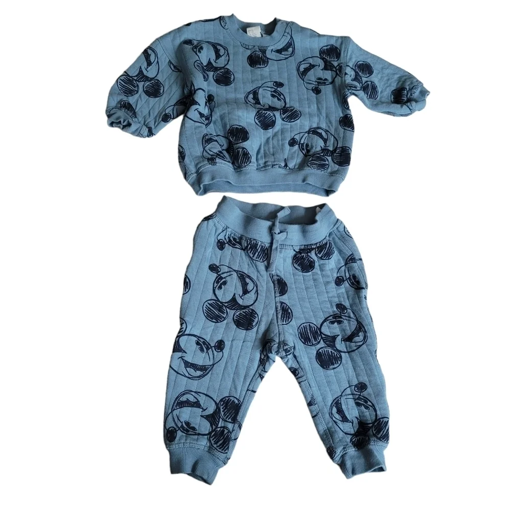 H&M Disney 6-9 M Blue Plush Quilted Mickey Mouse 2-Piece Set Sweatshirt‎ Pants